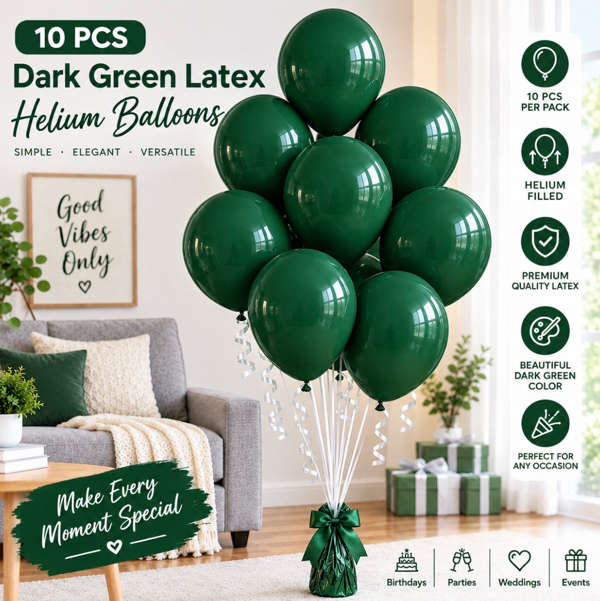 10 PC Dark Green Letax Filled Helium Balloons.