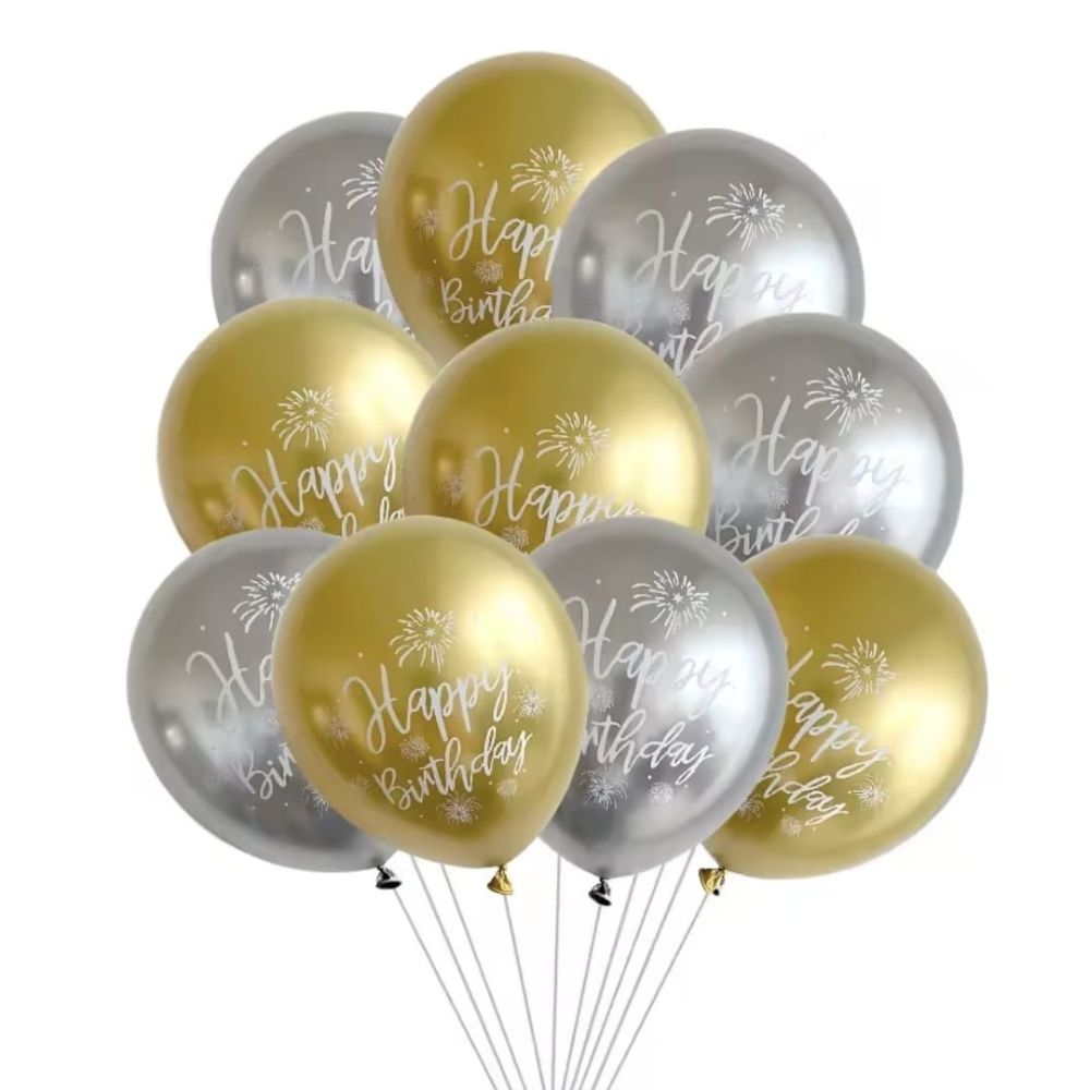 Happy Birthday Balloons - Gold & Silver