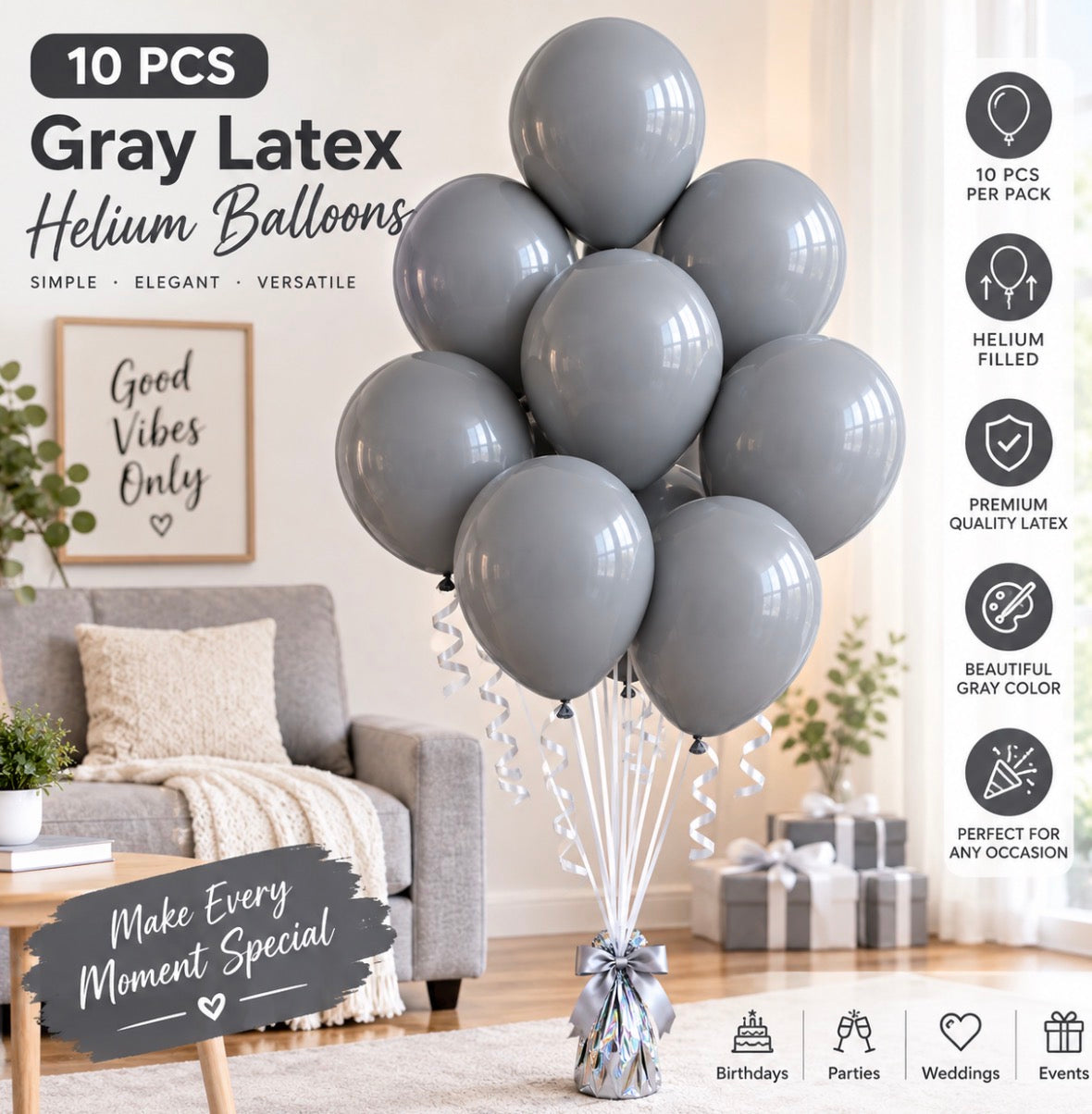 10 PC Gray Latex Helium Filled Balloons