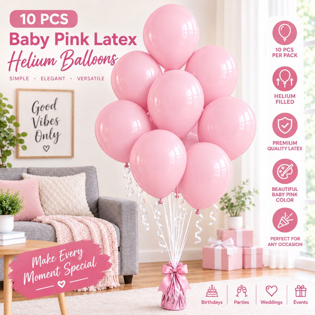 10 PC Baby PInk Latex Helium Filled Balloons.