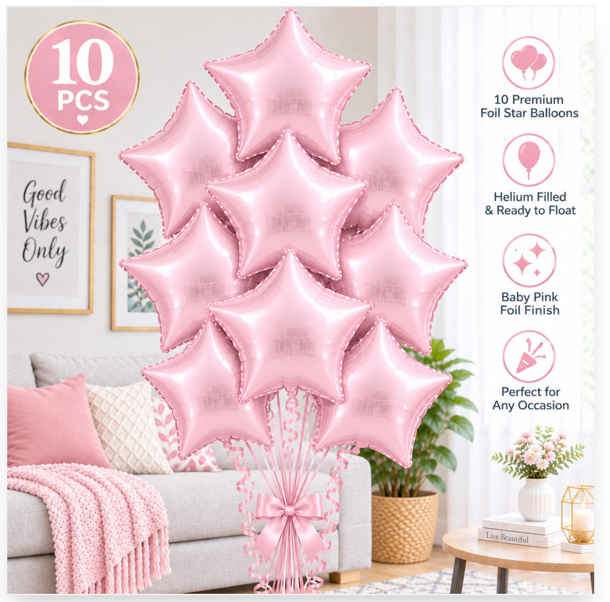 10 PCs Baby Pink Star Foil Helium Filled Balloons