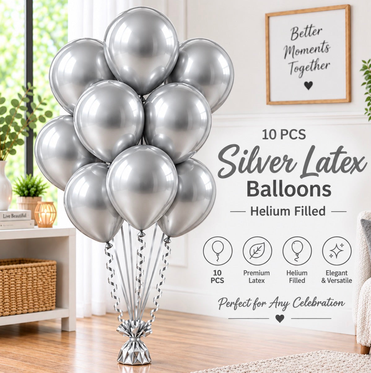 10 PCs Silver Latex Helium Filled Balloons