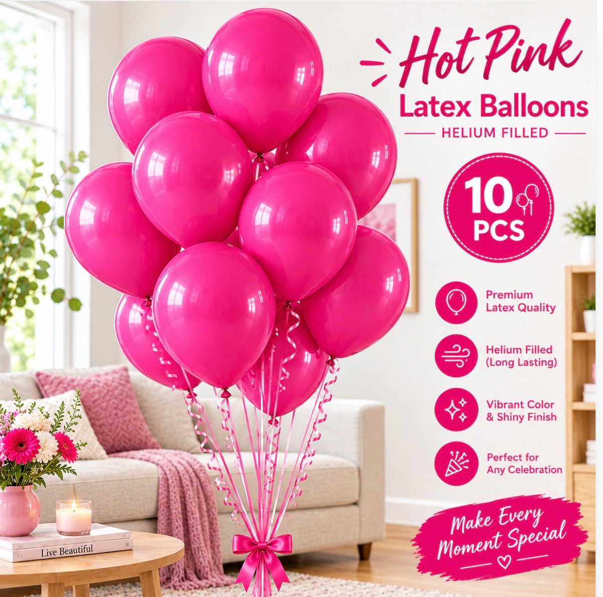 10 PCs Hot Pink Latex Helium Filled Balloons