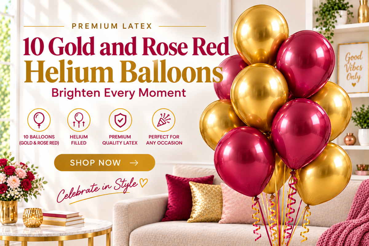 10 PCs Gold & Rose Red Latex Helium Filled Balloons