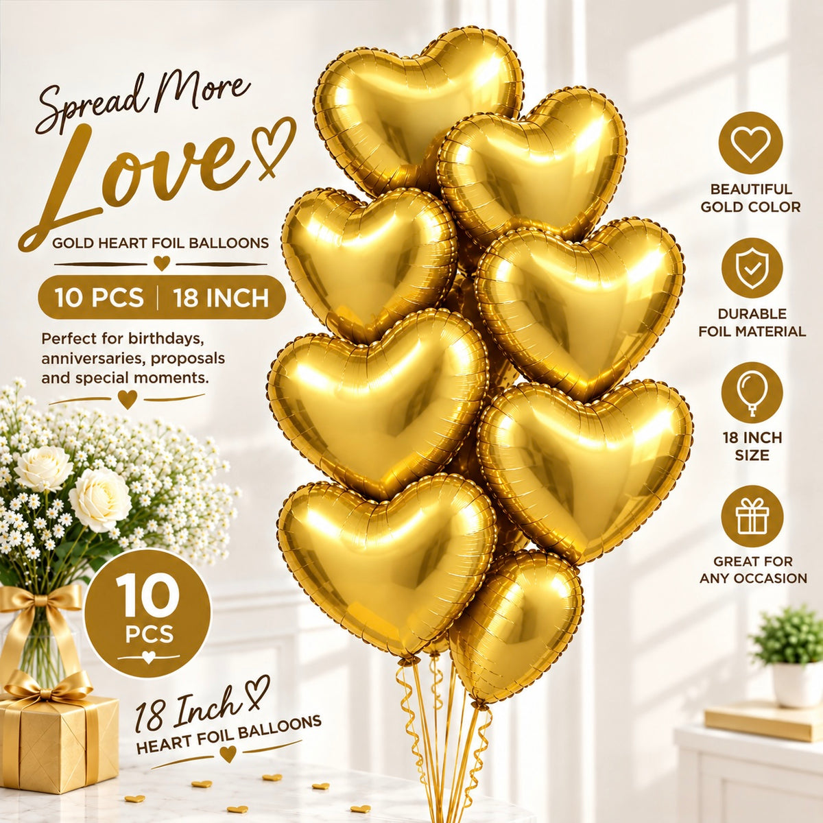 10 PCs Gold Heart Foil Helium Filled Balloons