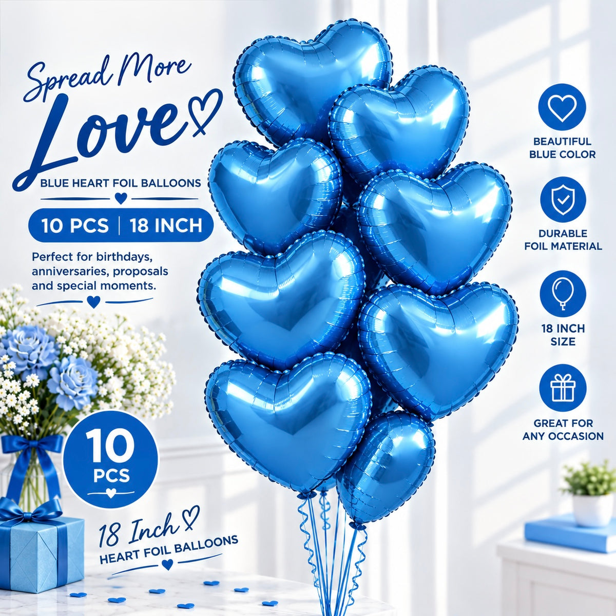 10 PCs Blue Heart Foil Helium Filled Balloons