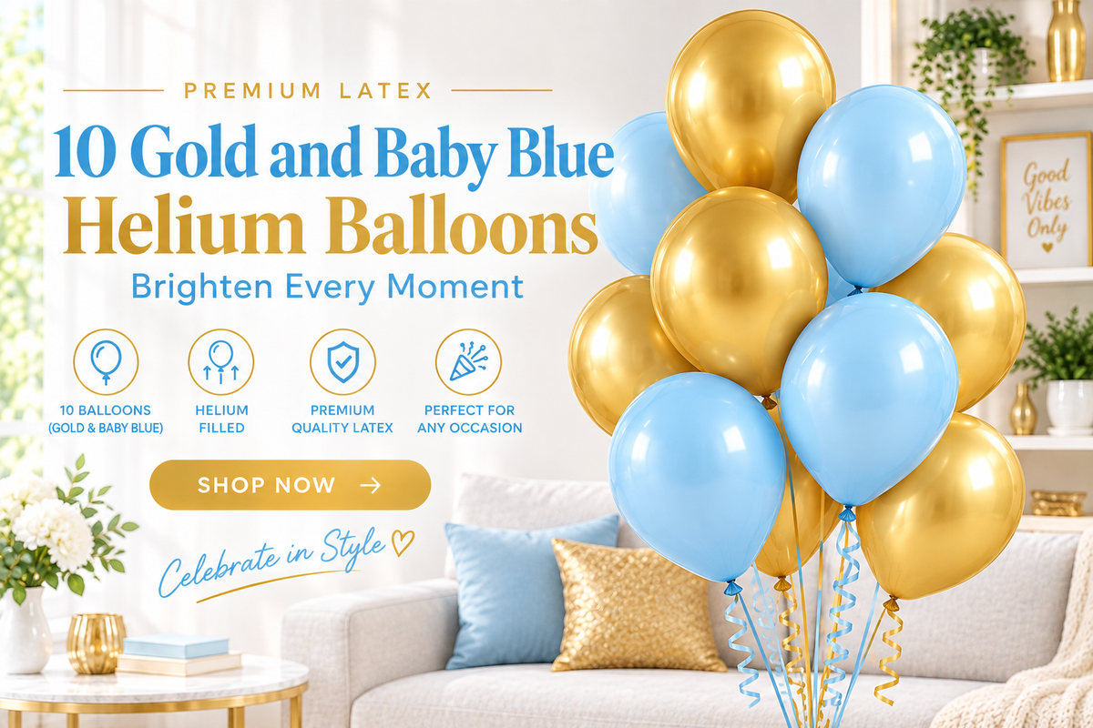 10 PCs Gold & Baby Blue Latex Helium Filled Balloons