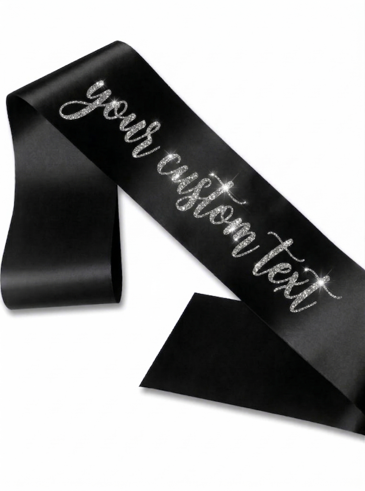 Custom Personalized black Satin Sash with Glitter silver Cursive Text