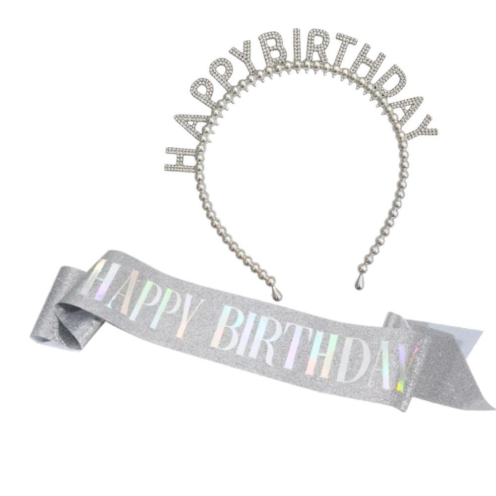 happy birthday Silver headband and sash