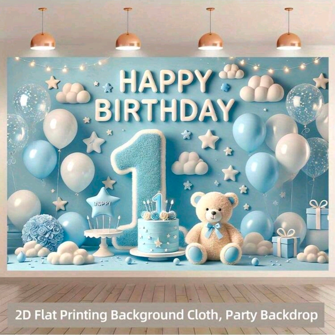 First birthday backdrop teddy poster light blue 210x300cm