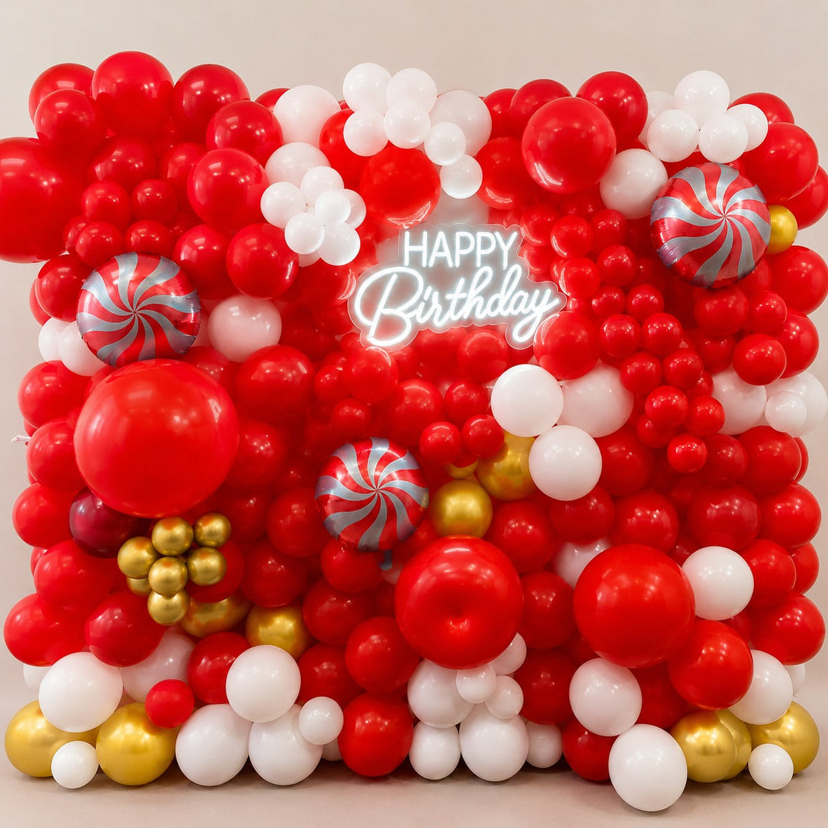 Premium Red Balloon Backdrop Decoration with Neon Happy Birthday Sign & Stand Rental | Party Decoration Package
