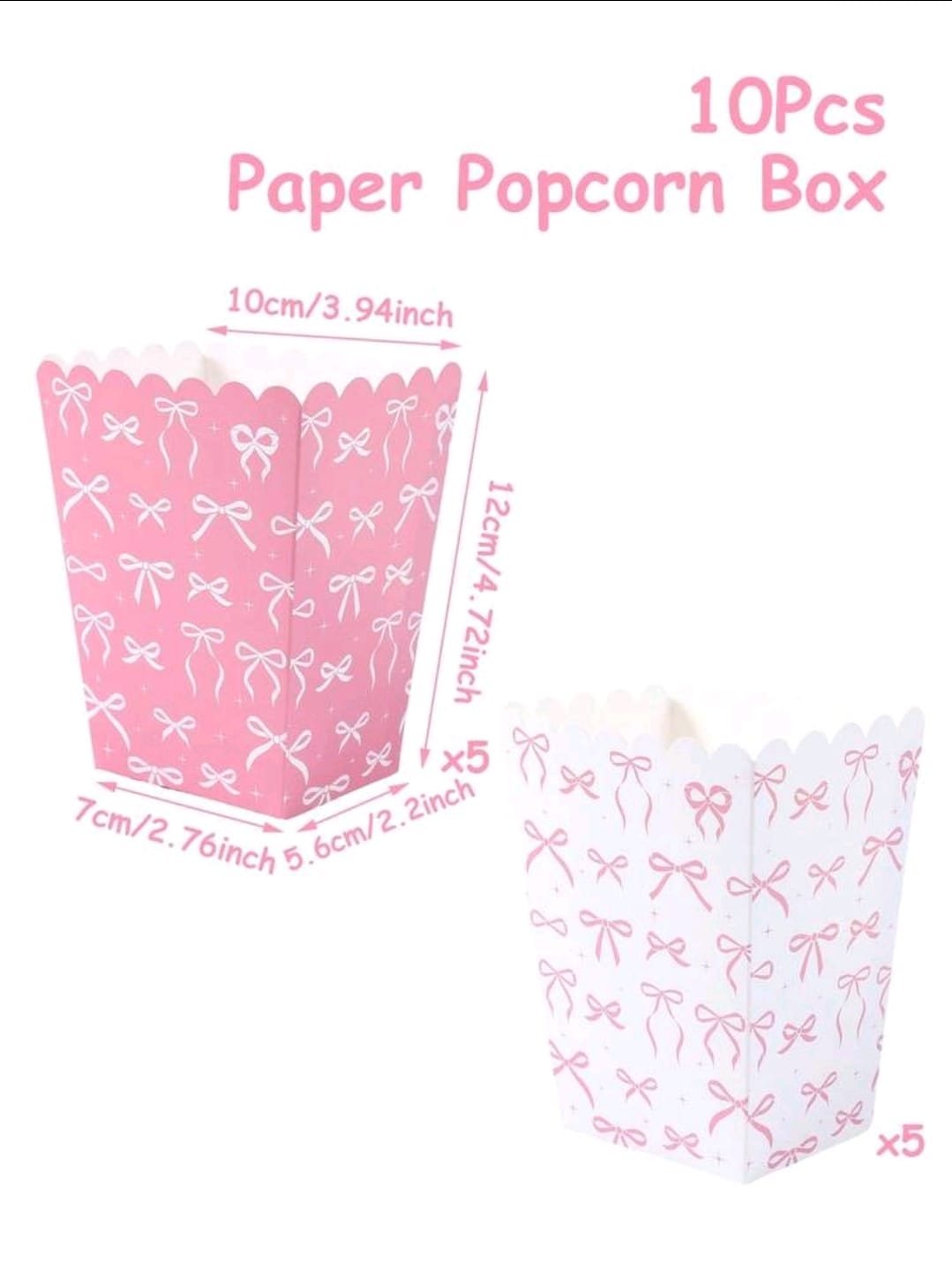 Bow printed pink white pop corn box 10pcs