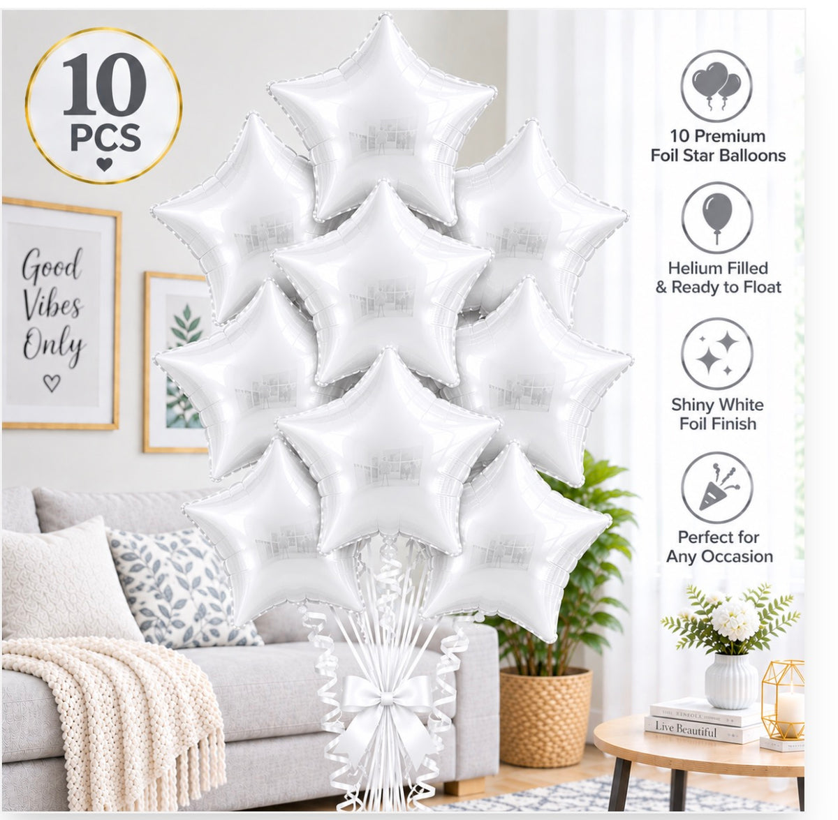 10 PCs White Star Foil Helium Filled Balloons