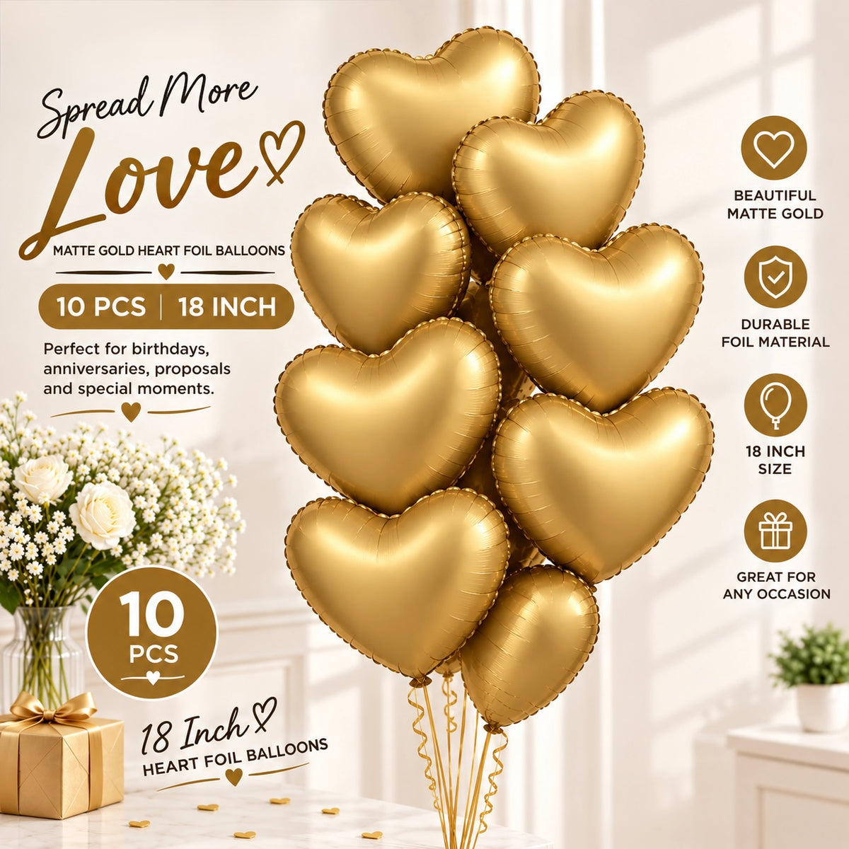 10 PCs Matte Gold Heart Foil Helium Filled Balloons