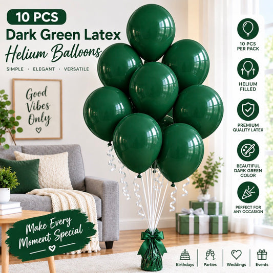 10 PC Dark Green Letax Filled Helium Balloons.