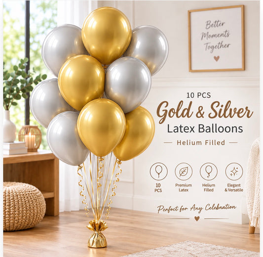 10 PCs Gold & Silver Latex Helium Filled Balloons