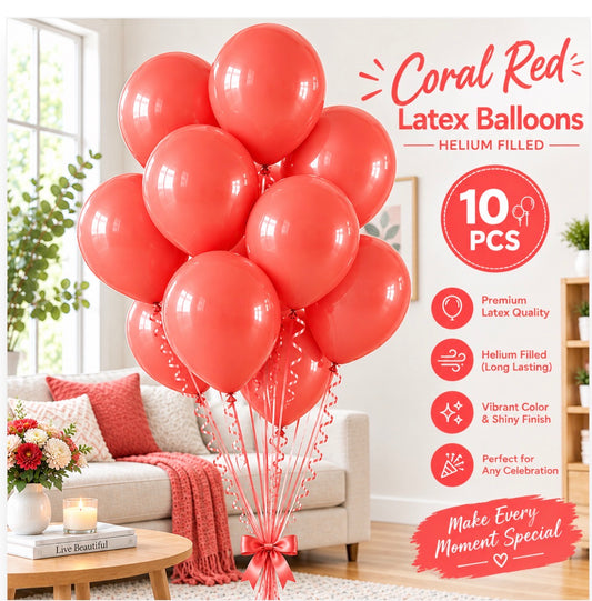 10 Pcs Coral Red Latex Helium Filled Balloons