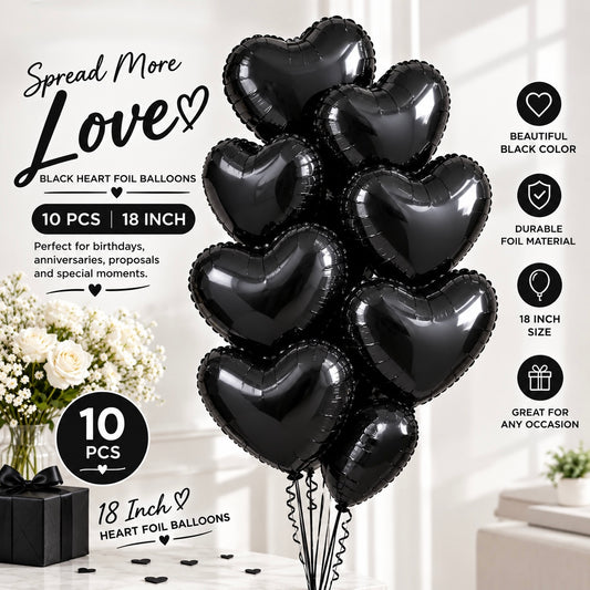 10 PCs Black Heart Foil Helium Filled Balloons