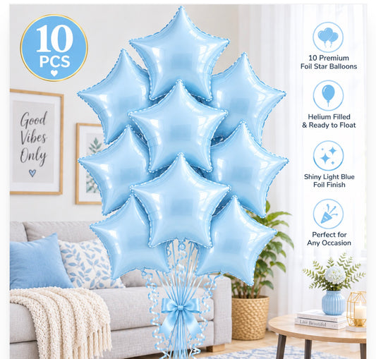 10 PCs Light Blue Star Foil Helium Filled Balloons