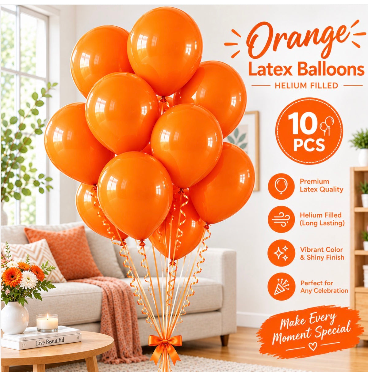 10 PCs Orange Latex Helium Filled Balloons