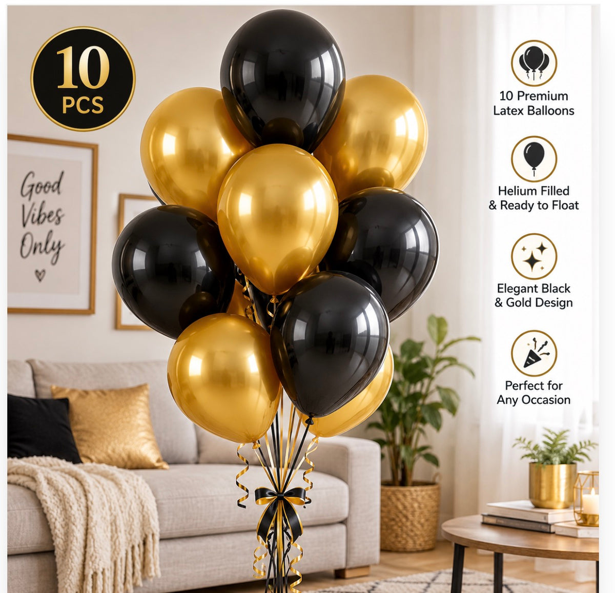 10 PCs Gold & Black Latex Helium Filled Balloons