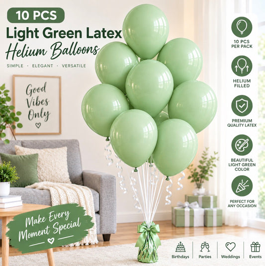 10 PC Light Green Letax Helium Filled Balloons.