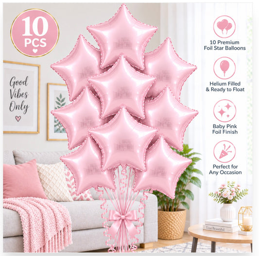 10 PCs Baby Pink Star Foil Helium Filled Balloons