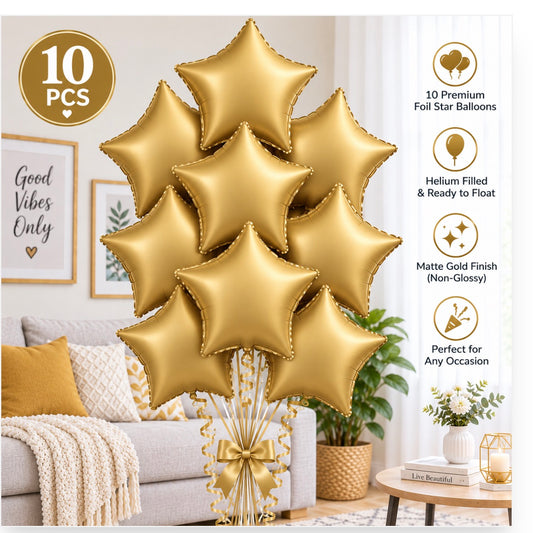 10 PCs Matte Gold Star Foil Helium Filled Balloons