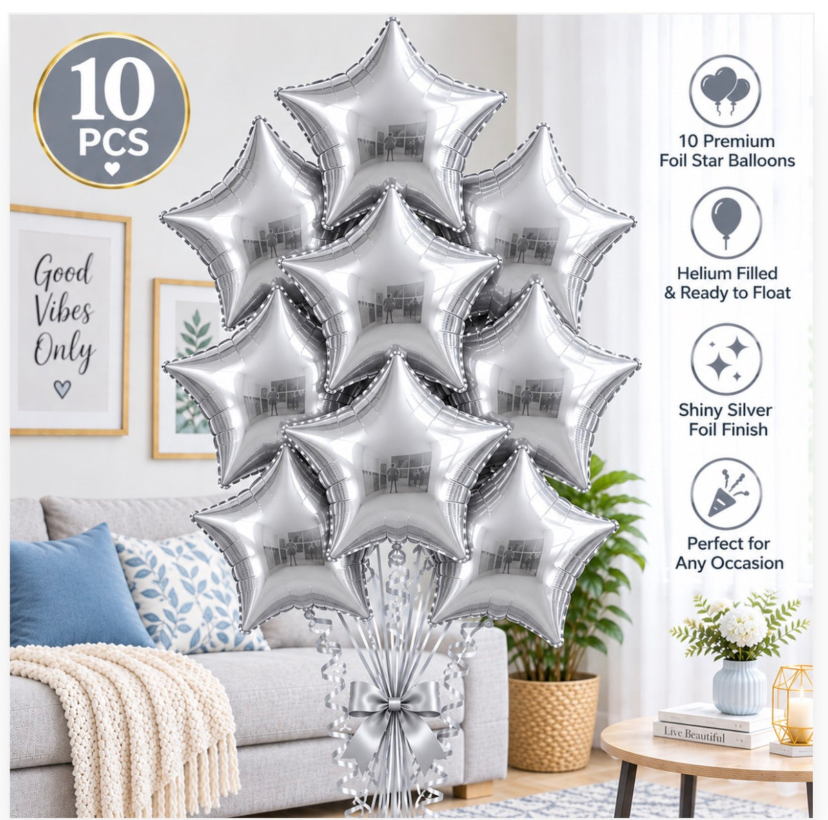 10 PCs Silver Star Foil Helium Filled Balloons