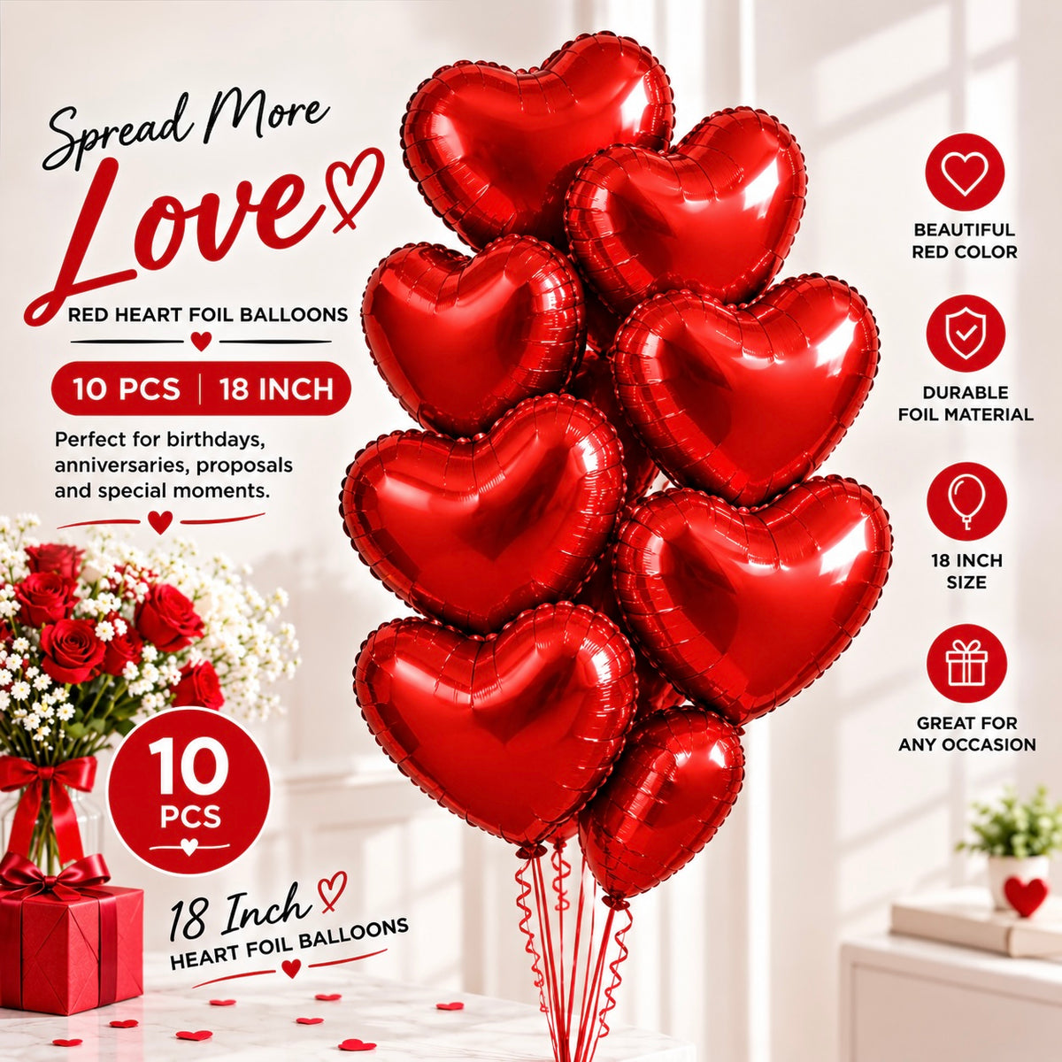 10 PCs Red Heart Foil Helium Filled Balloons