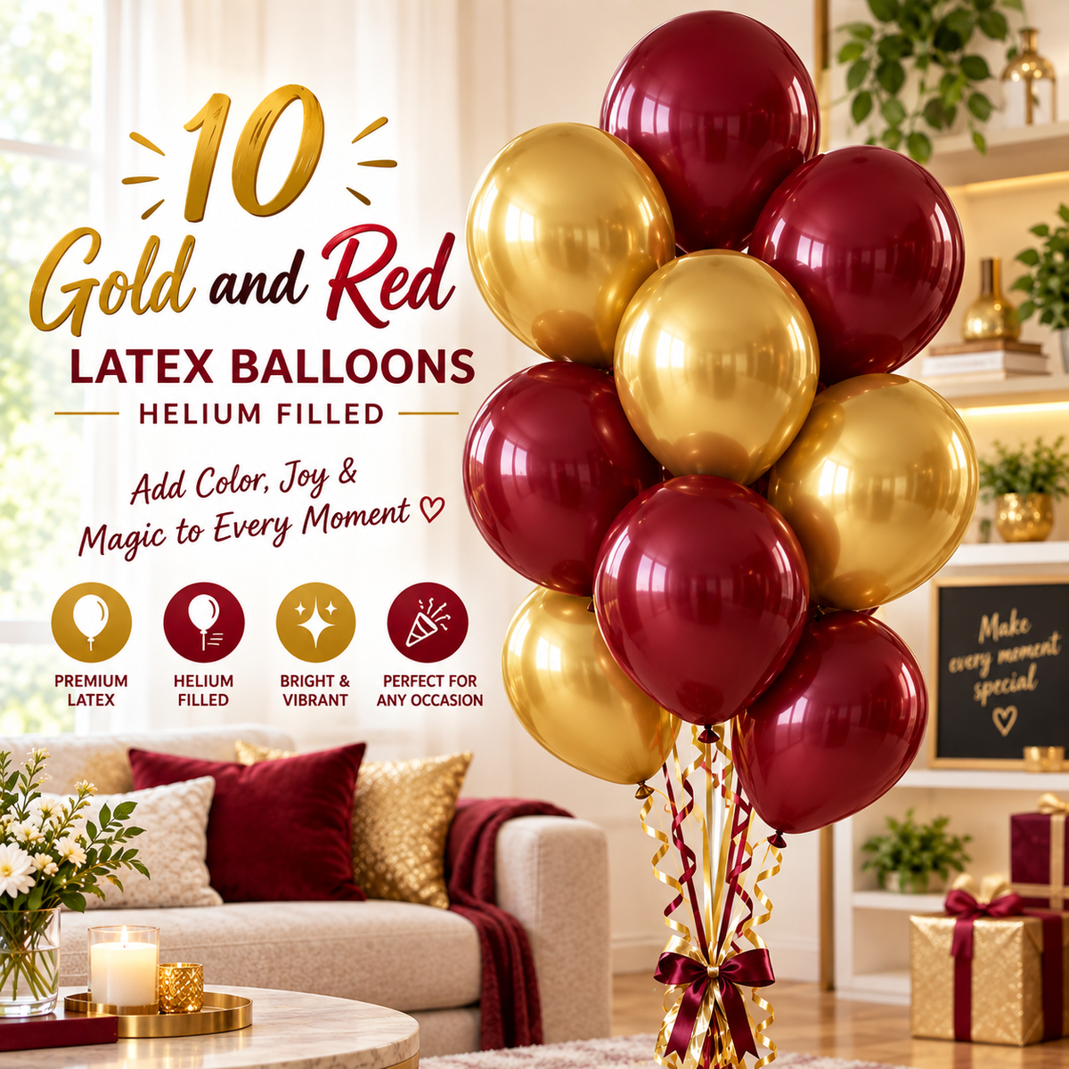10 PCs Gold & Wine Red Latex Helium Filled Balloons