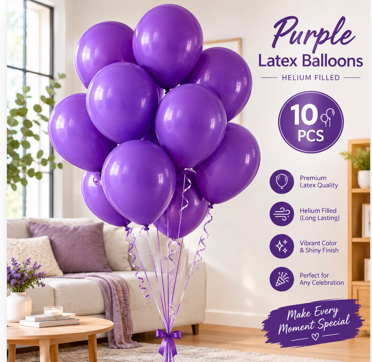 10 PCs Purple Latex Helium Filled Balloons