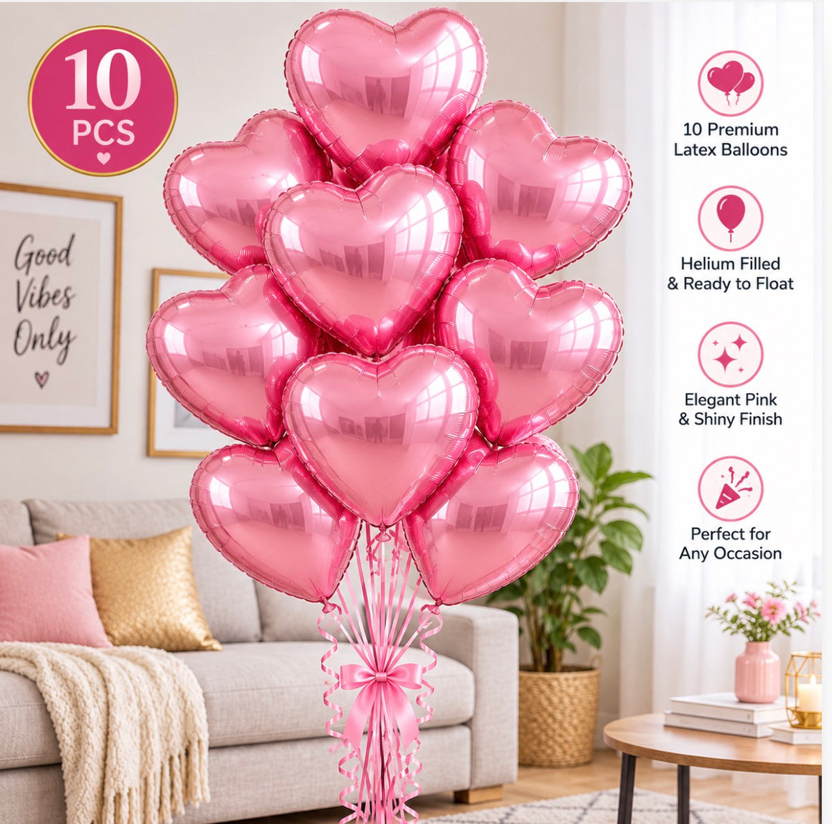10 PCs Pink Heart Latex Helium Filled Balloons