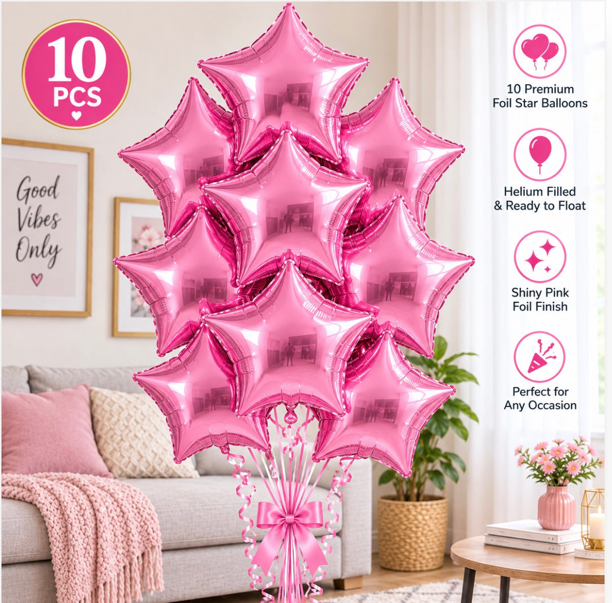 10 PCs Pink Star Foil Helium Filled Balloons
