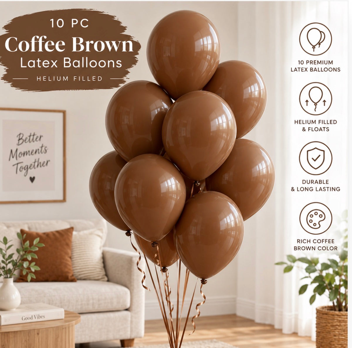 10 Pcs Coffee Brown Latex Helium Filled Balloons