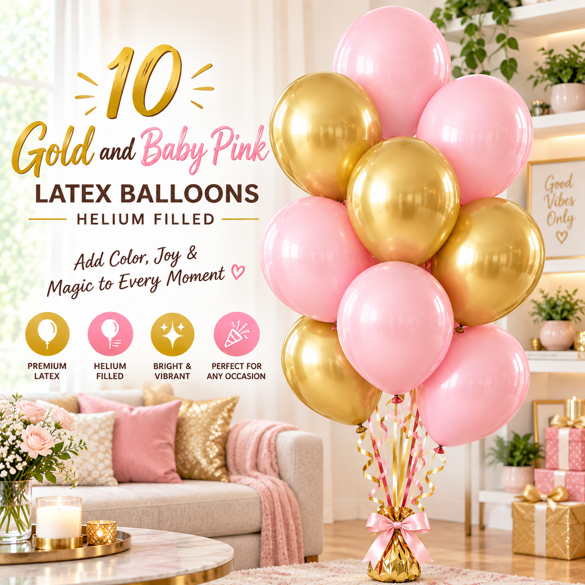 10 PCs Gold & Baby Pink Latex Helium Filled Balloons