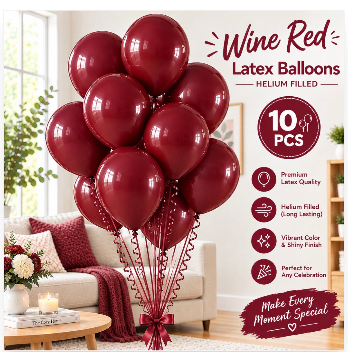 10 Pcs Wine Red Latex Helium Filled Balloons