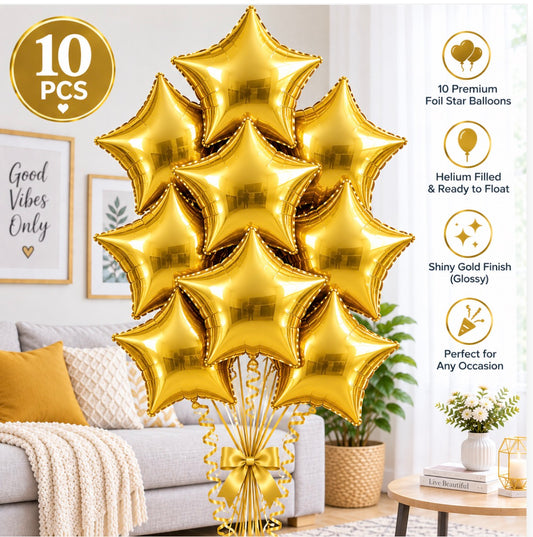 10 PCs Gold Star Foil Helium Filled Balloons