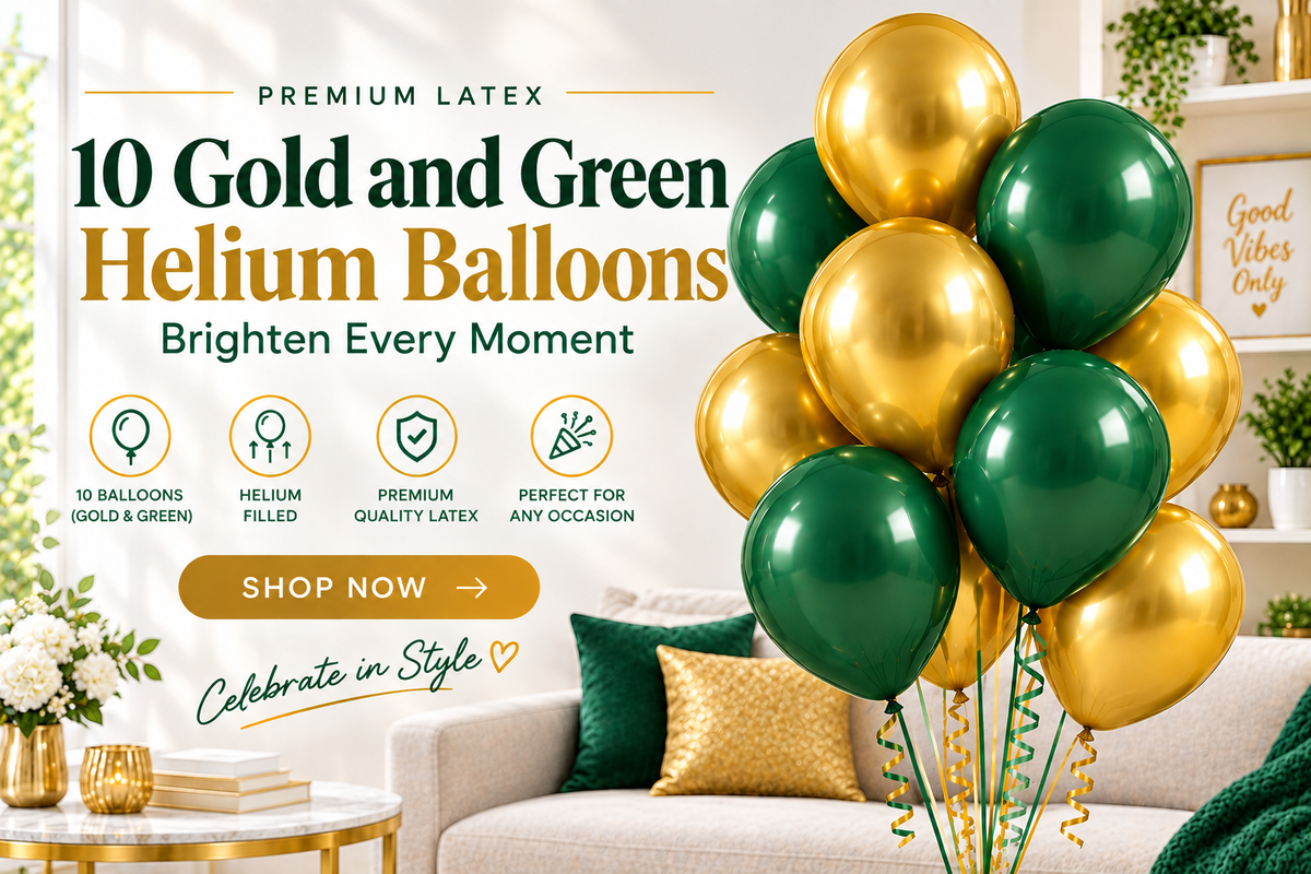 10 PCs Gold & Green Latex Helium Filled Balloons