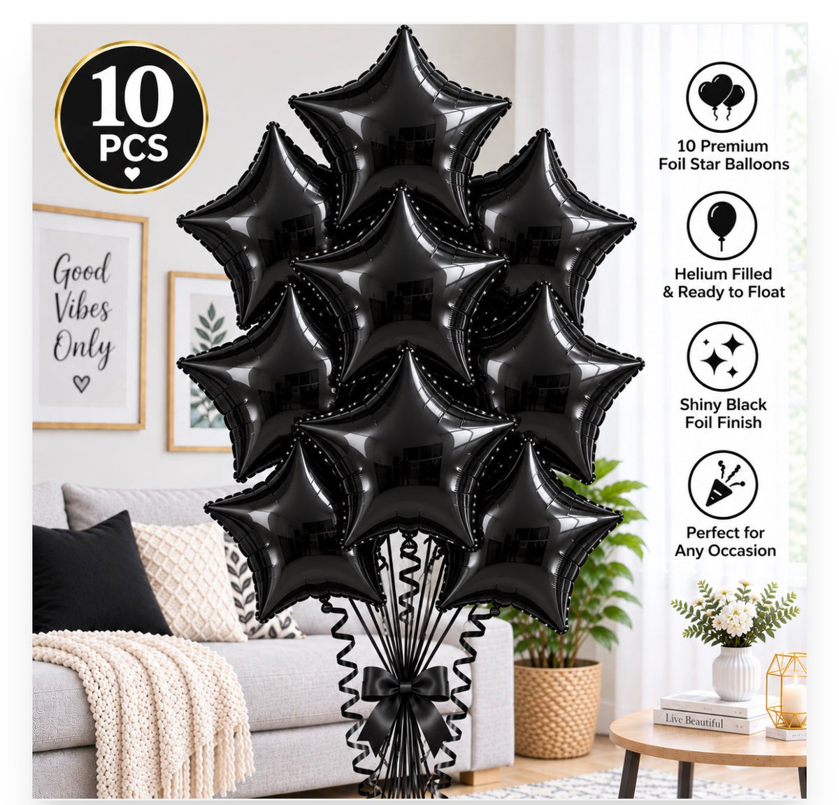 10 PCs Black Star Foil Helium Filled Balloons