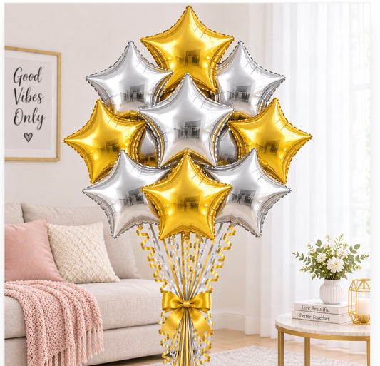 10 PCs Gold & Silver Star Foil Helium Filled Balloons