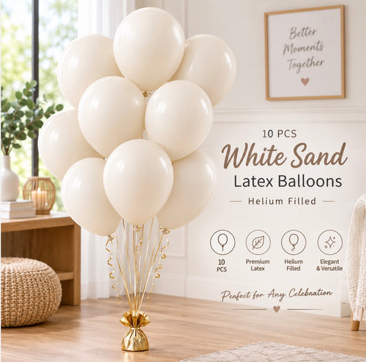 10 PC White Sand Latex Helium Filled Balloons