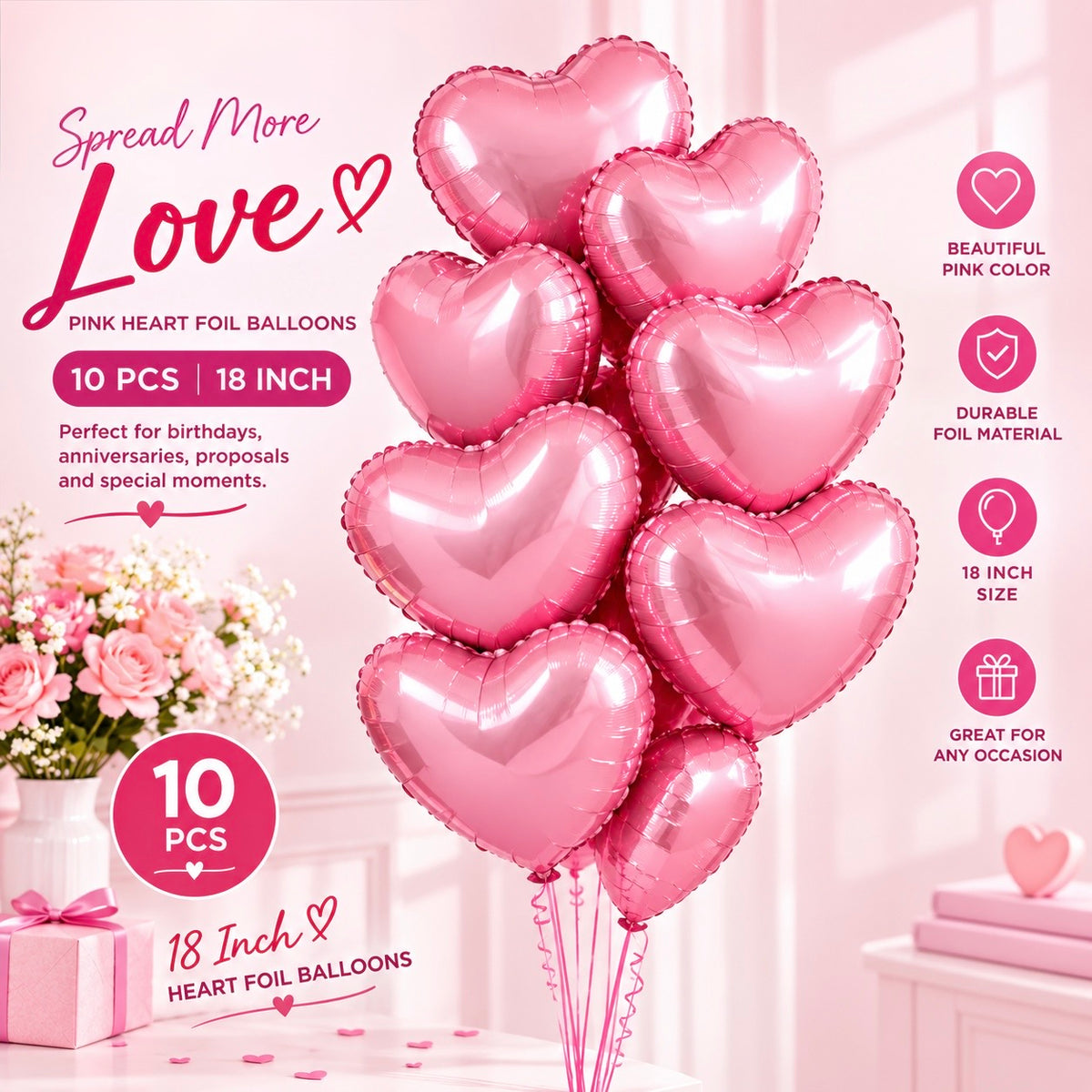 10 PCs Pink Heart Foil Helium Filled Balloons