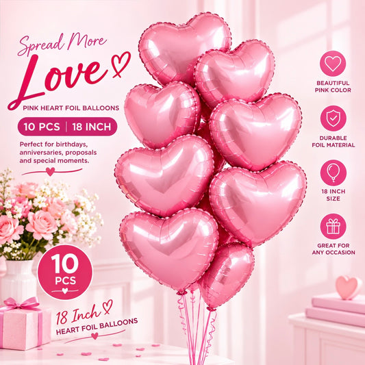10 PCs Pink Heart Foil Helium Filled Balloons