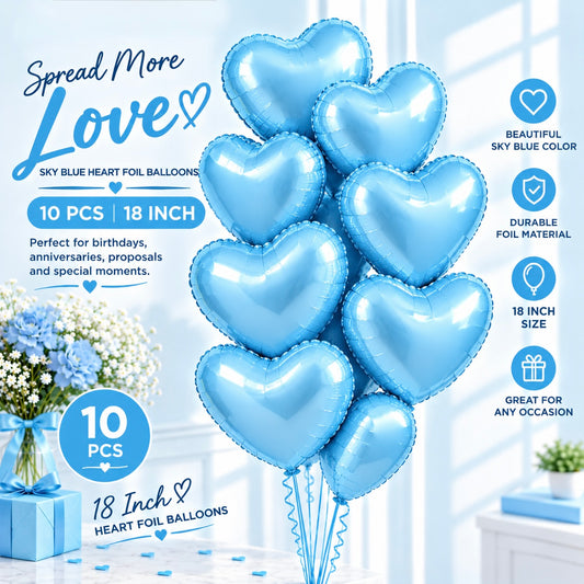 10 PCs Sky Blue Heart Foil Helium Filled Balloons