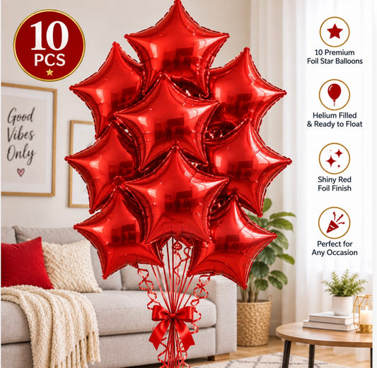 10 PCs Red Star Foil Helium Filled Balloons