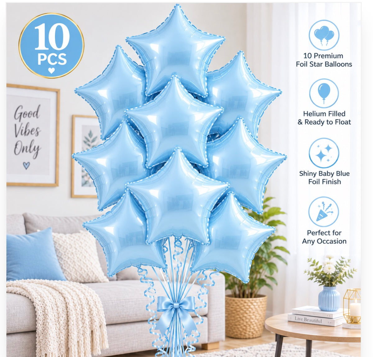 10 PCs Baby Blue Star Foil Helium Filled Balloons