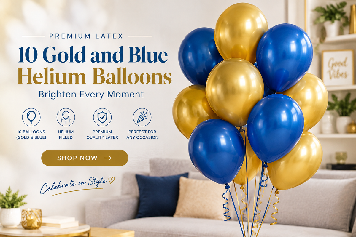 10 PCs Gold & Blue Latex Helium Filled Balloons