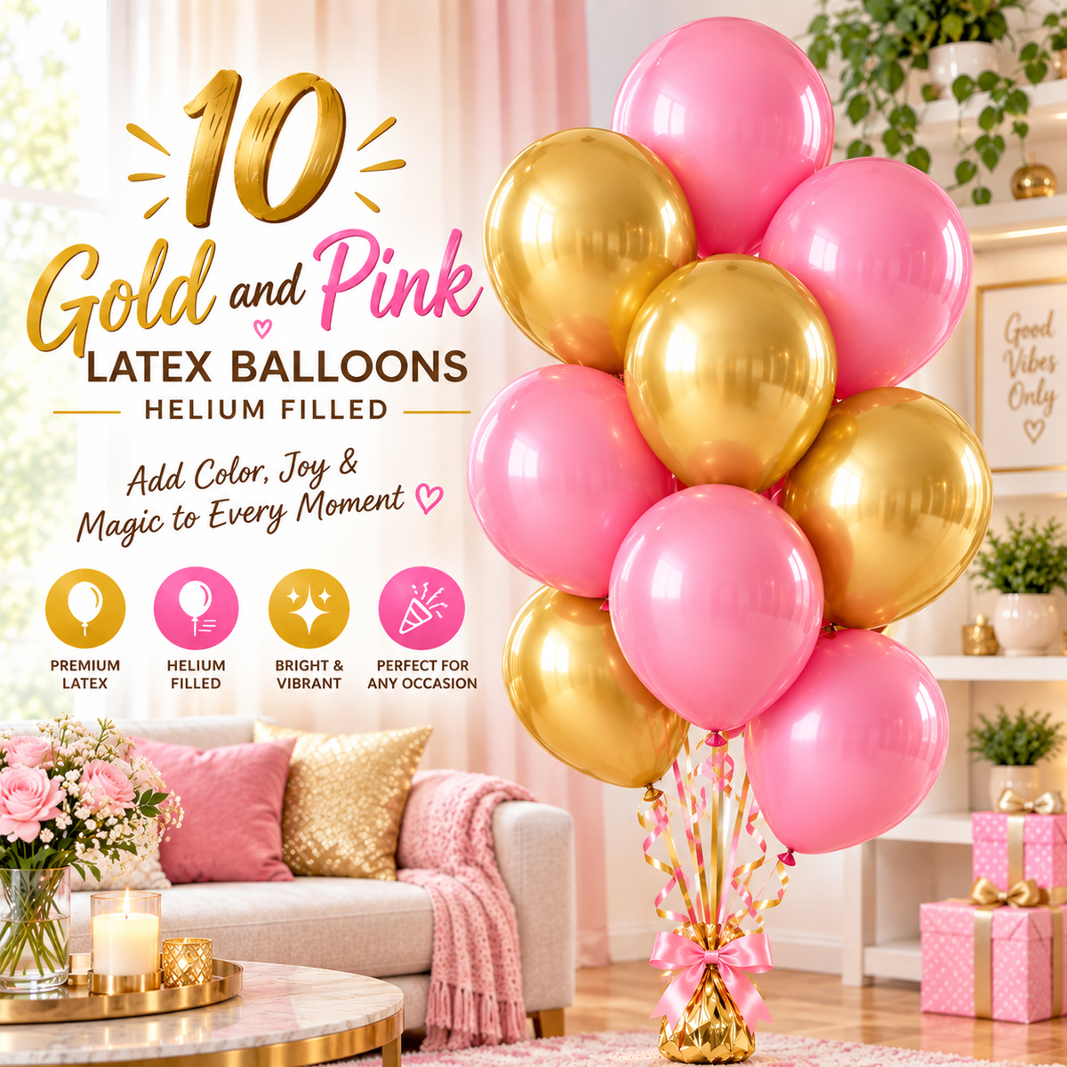 10 PCs Gold & Pink Latex Helium Filled Balloons