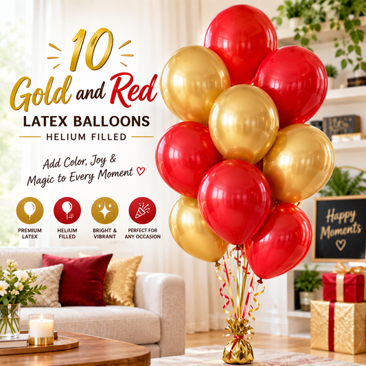 10 PCs Gold & Red Latex Helium Filled Balloons